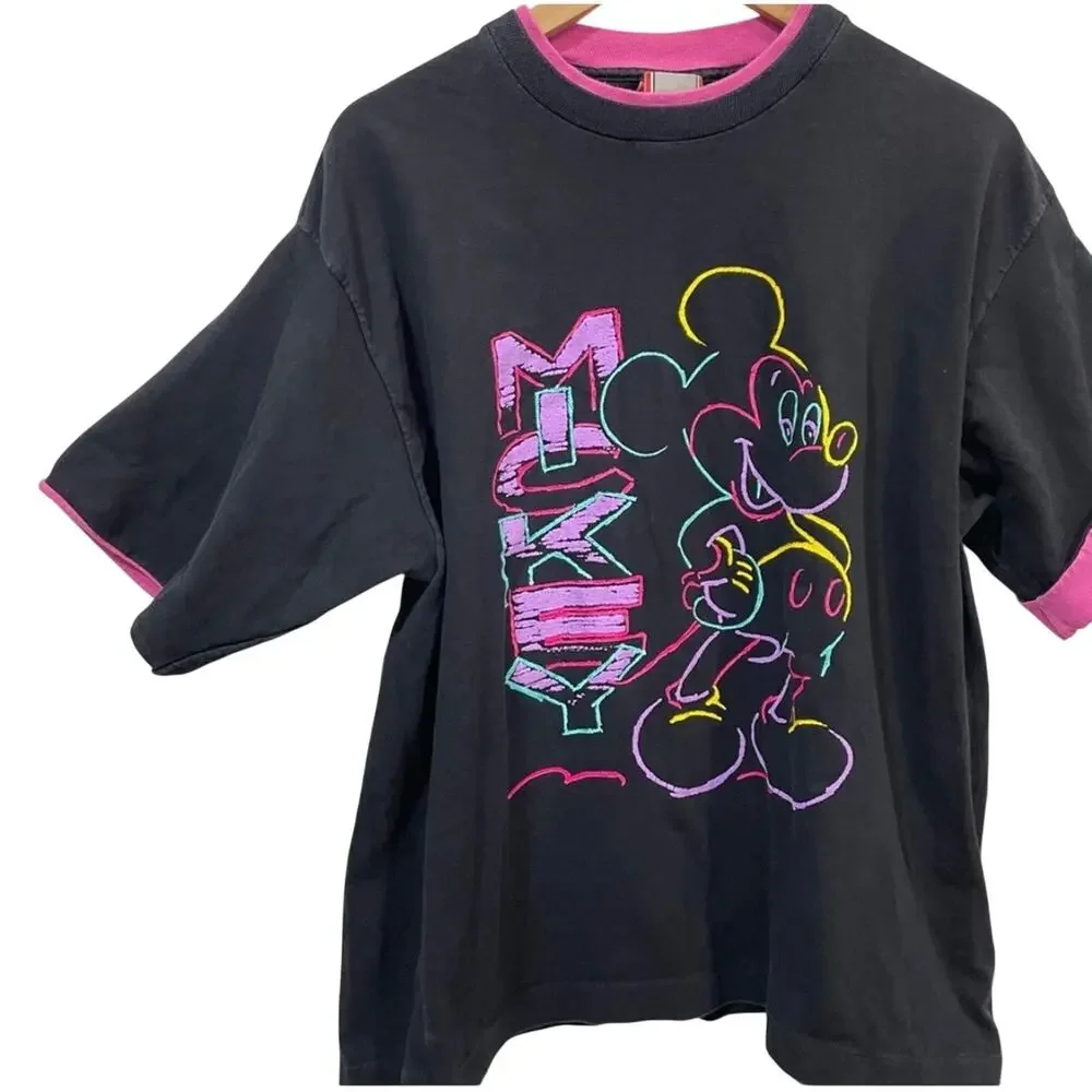 Disney Mickey Mouse 90’s Vintage Neon Pink Black Tee Shirt One Size Fit All - Picture 3 of 7